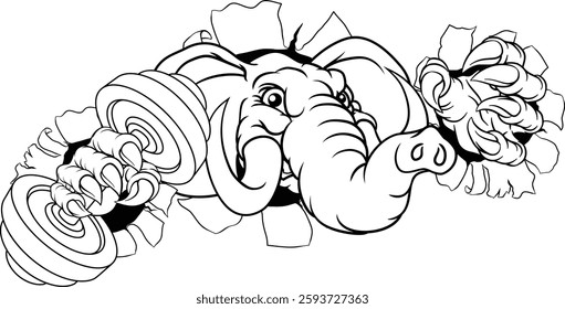 An elephant weight lifting gym animal sports mascot holding a dumbbell in its claw