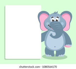 Elephant with white board. Template for your text. Cartoon character with white  banner. Place your text on blank sheet. Vector illustration.