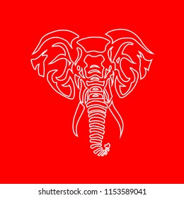 Elephant white front face vector illustration on red background 