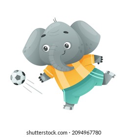Elephant wild African animal playing soccer. Cute football mascot in sports uniform cartoon vector illustration