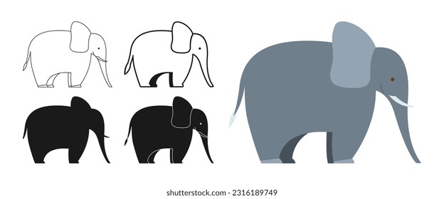 Elephant wild animal cartoon style set. African or Indian cute elephant symbol, line doodle animal silhouette. Flat funny character icon. Hand drawn mammal simple abstract zoo vector illustration