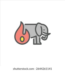 Elephant in Wildfire filled outline icon. wildfire color line illustration.