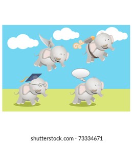 An elephant with wings, another flying with a rocket, an intelligent one and a cute thoughtful one.