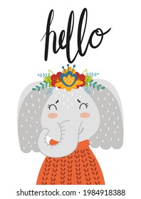 Elephant with a wreath of flowers and a scandinavian sweater for children's design