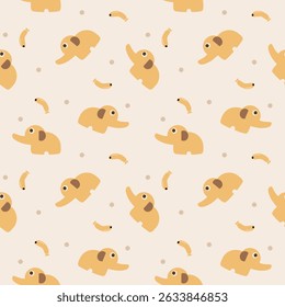 Elephant yellow cartoon so cute. On banana polka dots background. Pattern seamless vector illustration. 