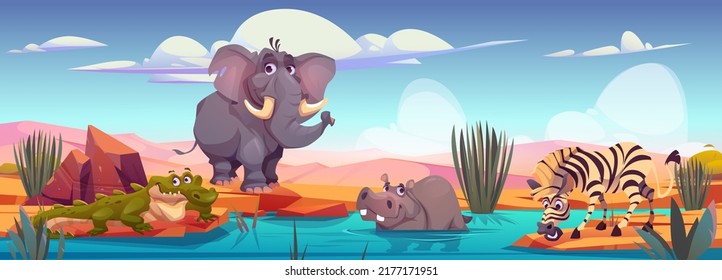 Elephant, zebra, crocodile and hippo on river shore in african savannah. Vector cartoon illustration of savanna landscape with sand, plants, waterhole and wild animals