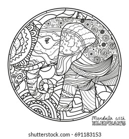 Elephant. Zen art. Detailed hand drawn mandala with abstract patterns on isolation background. Design for spiritual relaxation for adults. Black and white illustration for coloring. Design Zentangle