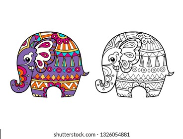 Elephant in zentangle style. Vector animal patterned illustration isolated on white background. Sketch for adult coloring page, tattoo, posters, t-shirt design