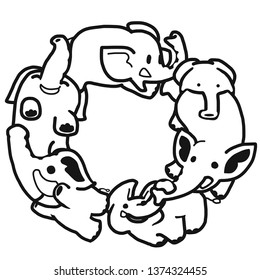Elephant in zero shaped doodle art. Black and white vector illustration for coloring book.