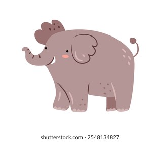 Elefante del zoológico, selva aislada o animal del bosque. Carácter del safari del Vector con el tronco largo. Fauna de África, mamífero tranquilo o feliz para la decoración del vivero. Personaje mascota o mascota amistosa