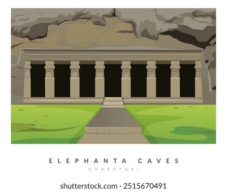 The Elephanta Caves -  Island of Gharapuri - Stock Illustration as EPS File