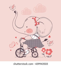 Elephant/hand drawn vector illustration of Cute Elephant girl Riding a Bicycle/Tricycle/can be used for kid's or baby's shirt design/fashion print design/fashion graphic/t-shirt/kids wear