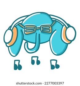 Elephantl istening to music with hearpodes. Vector illustration in cartoon flat style isolated on white background.