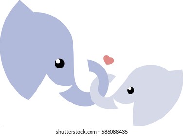 Elephant-mother and elephant-child with tiny heart in flat style. Vector cute illustration.
