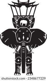 Elephantry (war elefant). Art is stylized for a carved ornament of paper, traditional folk decorative art, based on paper cutting.