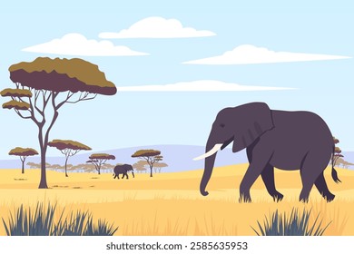 Elephants in Africa. Beautiful African landscape with elephants in the wild. Elephants safri. Travel on a wild safari. Vector panoramic natural landscape.