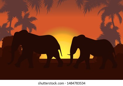 Elephants in African savanna at sunset vector illustration. Doum palms, acacia. Silhouettes of animals and plants. Realistic landscape. African elephants.