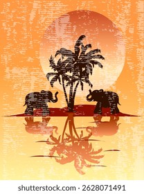 Elephants against the sun. Silhouette of an island with a palm tree and African elephants. Vector illustration yellow-orange with grunge texture