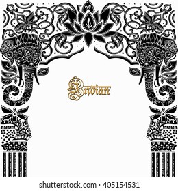 Elephants . The arch of elephants . The pattern of elephants . The architectural structure of the elephants .Indian architecture.Indian temple. Architectural arch.Architecture Arabic Emirates.