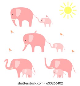 Elephants with baby elephants. Vector illustration.