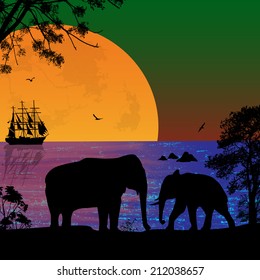 Elephants in beautiful seascape at sunset near ocean, vector illustration