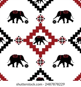 Elephants black Cross-Stitch Design seamless pattern in white background