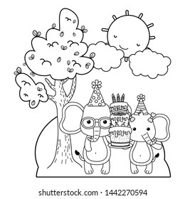 Elephants cartoons with happy birthday icon design