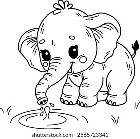 Elephant`s child playing with water. Perfect for children's coloring books, posters, storybooks, and educational materials. The simple and adorable design makes it ideal for creative and fun projects