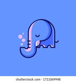 The elephant`s chilling out with the pink bubbles. Vector outline simple illustration of the little blue elephant. Geometric art.