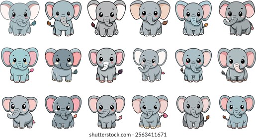 Elephants, collection of cute elephants silhouette vector art illustration