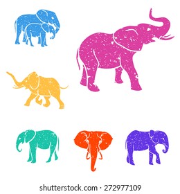 Elephants color set with grunge texture. Vector Illustration