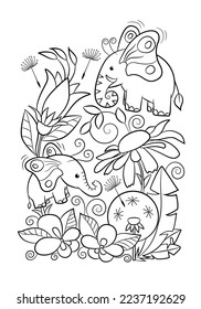 Elephants coloring page. Alice fairy tale. Flying elephants and flowers contour. Through the Looking-Glass coloring book.