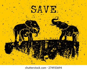 Elephants concept drawing with grunge design. Vecot illustration