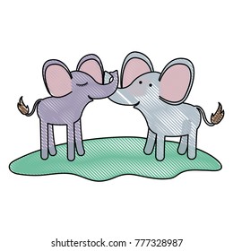 elephants couple over grass in colored crayon silhouette
