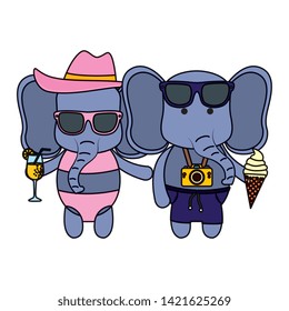 elephants couple with photographic camera and cocktail
