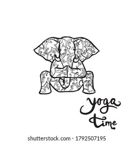 elephants doing yoga in various poses illustration in the style of engraving vector