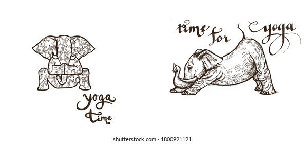elefantes haciendo yoga en varias poses ilustrativas al estilo del vector grabado