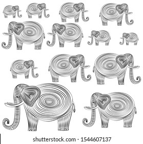 Elephants drawn in black lines and spirals. Elephants with large tusks on a white background. Funny elephants in an unusual drawing technique.