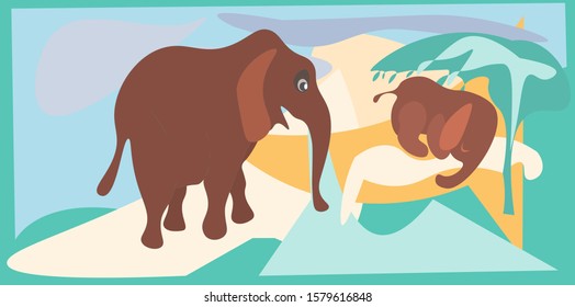 Elephants.An elephant guards a sleeping elephant under a tree.Vector illustration.For prints, posters, book illustrations, postcards, textiles.
