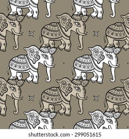 Elephants. Ethnic seamless background. Hand drawn Vector pattern.