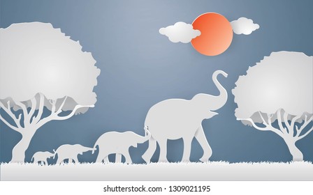 Elephants family on the gray grass in spring season background,World environment day and Eco earth day concept ,Vector paper craft style.
