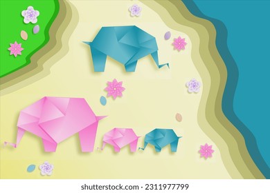 Elephants Family Origami Papercut style