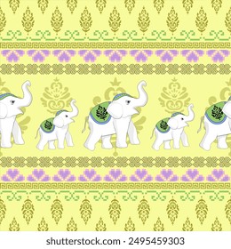 THE ELEPHANTS FAMILY PARADE WITH PASTEL BACKGROUND COMBINE WITH EMBROIDERY TRADITIONAL ARTS AND DAMASK STYLE