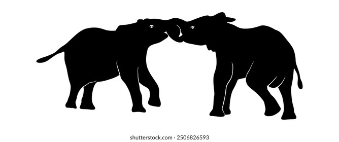 Elephants are fighting isolate on white. two elephants communicate. Elephant Silhouette vector. Silhouette of elephants. Elephant shadow hand drawn.