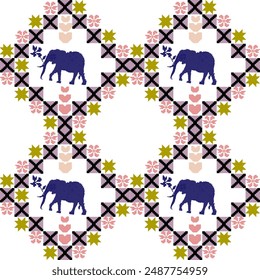 Elephants and flowers Cross Stitch. Geometric ethnic patterns. Design for sarees, patolas, saris, dupattas, and clothing.  Detailed Vector 
Illustration for Textile Print Design
