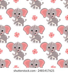 Elephants and flowers pattern. Cute cartoon baby elephant and pink flowers. Vector seamless pattern on white background
