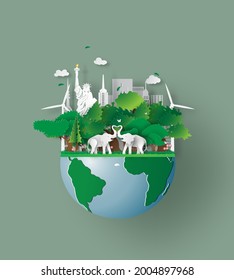 elephants in forest, Origami design world environment and earth day. paper cut and craft.Wildlife animal with elephants lovers heart in nature forest, Banner USA city. Green city Eco friendly concept
