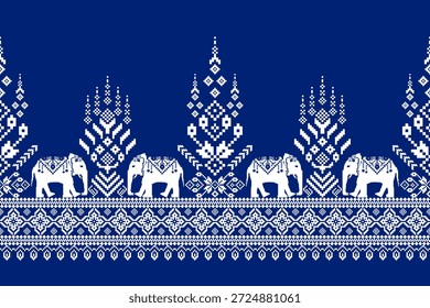Elefantes Patrón étnico geométrico sobre fondo azul marino, patrón de diseño geométrico, Ilustración vectorial, patrón de punto de cruz floral, fondo abstracto. diseño para textura, tela, ropa, impresión, bufanda.