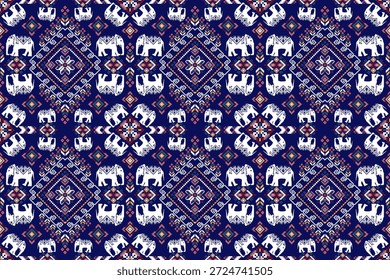 Elefantes Patrón étnico geométrico sin costuras sobre fondo azul marino, diseño geométrico sin patrón, Ilustración vectorial, patrón de punto de cruz floral, fondo abstracto. diseño para textura, tela, ropa, impresión.