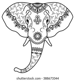 Elephant's head in Mehndi Indian style.Vector illustration isolated on white background